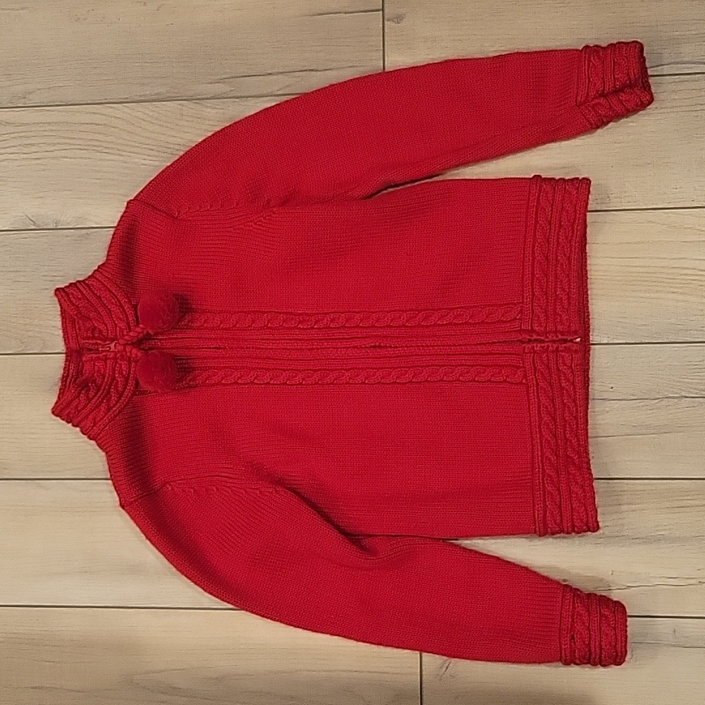 Lands End Red Zip Up Cable Knit Sweater 100% Wool - Girls Size Small 7/8